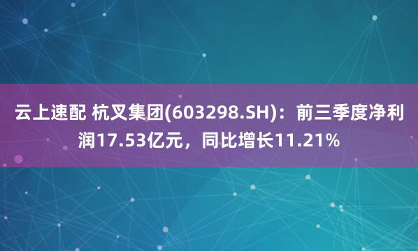 云上速配 杭叉集团(603298.SH)：前三季度净利润17.53亿元，同比增长11.21%